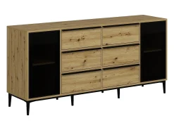 Aparador com 2 portas em vidro temperado e 6 gavetas natural e preto - MOLINIA