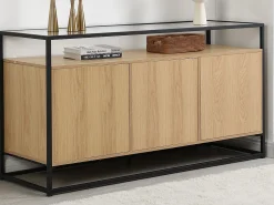 Aparador com 3 portas MDF, vidro temperado e metal natural claro - CAMATA