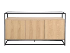 Aparador com 3 portas MDF, vidro temperado e metal natural claro - CAMATA