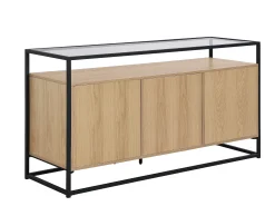 Aparador com 3 portas MDF, vidro temperado e metal natural claro - CAMATA