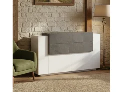 Aparador Daas, Aparador de cozinha com 2 portas e 4 gavetas, Buffet de sala, Aparador de cozinha, 100% Fabricado em Itália, 160x45h86 cm, Branco brilhante e ardósia