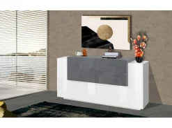 Aparador Daas, Aparador de cozinha com 2 portas e 4 gavetas, Buffet de sala, Aparador de cozinha, 100% Fabricado em Itália, 160x45h86 cm, Branco brilhante e ardósia