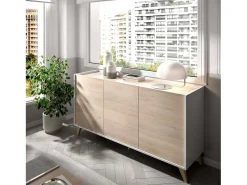 Aparador Dadop, Buffet de sala, Aparador de sala moderno com 3 portas, 155x43h75 cm, Carvalho e Branco