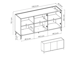 Aparador Dadop, Buffet de sala, Aparador de sala moderno com 3 portas, 155x43h75 cm, Carvalho e Branco
