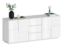 Aparador Ddamsgaar, Buffet de sala, Aparador de sala com 4 portas e 3 gavetas, 220x44h86 cm, Branco brilhante