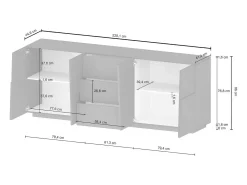Aparador Ddamsgaar, Buffet de sala, Aparador de sala com 4 portas e 3 gavetas, 220x44h86 cm, Branco brilhante