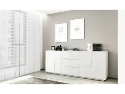 Aparador Ddamsgaar, Buffet de sala, Aparador de sala com 4 portas e 3 gavetas, 220x44h86 cm, Branco brilhante