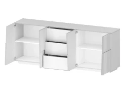 Aparador Ddamsgaar, Buffet de sala, Aparador de sala com 4 portas e 3 gavetas, 220x44h86 cm, Branco brilhante
