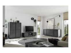 Aparador de 4 portas, coleção COLOMARMO, cor preta com efeito de mármore, ideal para a sua sala de estar ou sala de jantar.