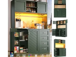 Aparador de cozinha - 120 x 40 x 188 cm - com 4 portas + LEDs + porta-copos + gavetas + prateleira para lanches - MDF - verde