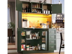 Aparador de cozinha - 120 x 40 x 188 cm - com 4 portas + LEDs + porta-copos + gavetas + prateleira para lanches - MDF - verde