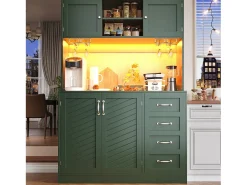 Aparador de cozinha - 120 x 40 x 188 cm - com 4 portas + LEDs + porta-copos + gavetas + prateleira para lanches - MDF - verde