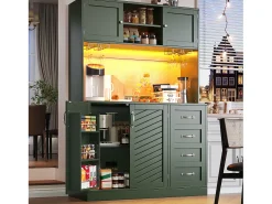 Aparador de cozinha - 120 x 40 x 188 cm - com 4 portas + LEDs + porta-copos + gavetas + prateleira para lanches - MDF - verde