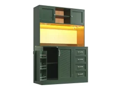 Aparador de cozinha - 120 x 40 x 188 cm - com 4 portas + LEDs + porta-copos + gavetas + prateleira para lanches - MDF - verde