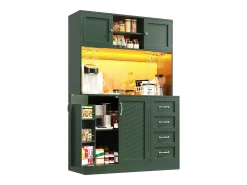 Aparador de cozinha - 120 x 40 x 188 cm - com 4 portas + LEDs + porta-copos + gavetas + prateleira para lanches - MDF - verde