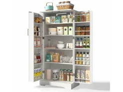 Aparador de cozinha - 60 x 35 x 128 cm - com LEDs + prateleiras reguláveis + 2 portas com arrumação - MDF - branco