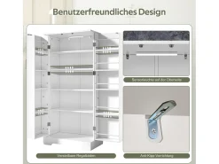 Aparador de cozinha - 60 x 35 x 128 cm - com LEDs + prateleiras reguláveis + 2 portas com arrumação - MDF - branco
