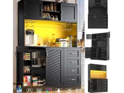 Aparador de cozinha - 120 x 40 x 188 cm - com 4 portas + LEDs + porta-copos + gavetas + prateleira para lanches - MDF - preto