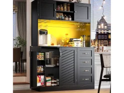Aparador de cozinha - 120 x 40 x 188 cm - com 4 portas + LEDs + porta-copos + gavetas + prateleira para lanches - MDF - preto