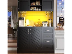 Aparador de cozinha - 120 x 40 x 188 cm - com 4 portas + LEDs + porta-copos + gavetas + prateleira para lanches - MDF - preto