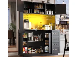 Aparador de cozinha - 120 x 40 x 188 cm - com 4 portas + LEDs + porta-copos + gavetas + prateleira para lanches - MDF - preto