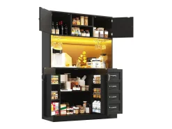 Aparador de cozinha - 120 x 40 x 188 cm - com 4 portas + LEDs + porta-copos + gavetas + prateleira para lanches - MDF - preto
