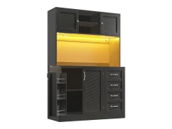 Aparador de cozinha - 120 x 40 x 188 cm - com 4 portas + LEDs + porta-copos + gavetas + prateleira para lanches - MDF - preto