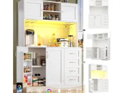 Aparador de cozinha - 120 x 40 x 188 cm - com 4 portas + LEDs + porta-copos + gavetas + prateleira para lanches - MDF - branco