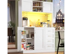Aparador de cozinha - 120 x 40 x 188 cm - com 4 portas + LEDs + porta-copos + gavetas + prateleira para lanches - MDF - branco