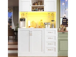 Aparador de cozinha - 120 x 40 x 188 cm - com 4 portas + LEDs + porta-copos + gavetas + prateleira para lanches - MDF - branco