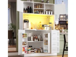 Aparador de cozinha - 120 x 40 x 188 cm - com 4 portas + LEDs + porta-copos + gavetas + prateleira para lanches - MDF - branco