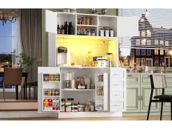 Aparador de cozinha - 120 x 40 x 188 cm - com 4 portas + LEDs + porta-copos + gavetas + prateleira para lanches - MDF - branco