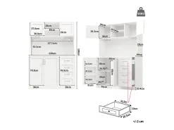 Aparador de cozinha - 120 x 40 x 188 cm - com 4 portas + LEDs + porta-copos + gavetas + prateleira para lanches - MDF - branco