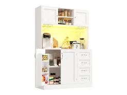 Aparador de cozinha - 120 x 40 x 188 cm - com 4 portas + LEDs + porta-copos + gavetas + prateleira para lanches - MDF - branco