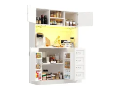 Aparador de cozinha - 120 x 40 x 188 cm - com 4 portas + LEDs + porta-copos + gavetas + prateleira para lanches - MDF - branco