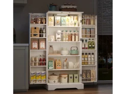 Aparador de cozinha - 60 x 35 x 128 cm - com LEDs + prateleiras reguláveis + 2 portas com arrumação - MDF - branco