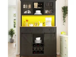 Aparador de cozinha - com LED - com porta de correr e 3 gavetas - com prateleira ajustável - preto