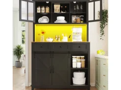 Aparador de cozinha - com LED - com porta de correr e 3 gavetas - com prateleira ajustável - preto