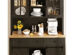 Aparador de cozinha - com LED - com porta de correr e 3 gavetas - com prateleira ajustável - preto
