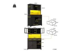 Aparador de cozinha - com LED - com porta de correr e 3 gavetas - com prateleira ajustável - preto