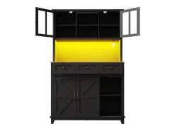 Aparador de cozinha - com LED - com porta de correr e 3 gavetas - com prateleira ajustável - preto