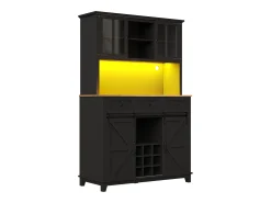 Aparador de cozinha - com LED - com porta de correr e 3 gavetas - com prateleira ajustável - preto
