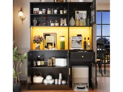 Aparador de cozinha 130 x 45 x 180 cm com portas, gaveta e iluminação LED, branco