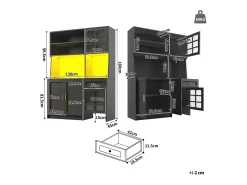 Aparador de cozinha 130 x 45 x 180 cm com portas, gaveta e iluminação LED, branco