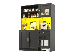 Aparador de cozinha 130 x 45 x 180 cm com portas, gaveta e iluminação LED, branco
