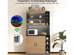 Aparador de cozinha com 4 portas e compartimentos - 100 x 47 x 187 cm - Madeira MDF - LEDs e calhas de cabos - Natural + cinza