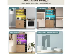 Aparador de cozinha com 4 portas e compartimentos - 100 x 47 x 187 cm - Madeira MDF - LEDs e calhas de cabos - Natural + cinza