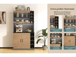 Aparador de cozinha com 4 portas e compartimentos - 100 x 47 x 187 cm - Madeira MDF - LEDs e calhas de cabos - Natural + cinza