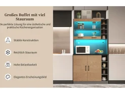 Aparador de cozinha com 4 portas e compartimentos - 100 x 47 x 187 cm - Madeira MDF - LEDs e calhas de cabos - Natural + cinza