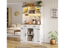 Aparador de cozinha com 4 portas, 2 gavetas e 4 nichos, LED e USB incluídos, branco e natural
